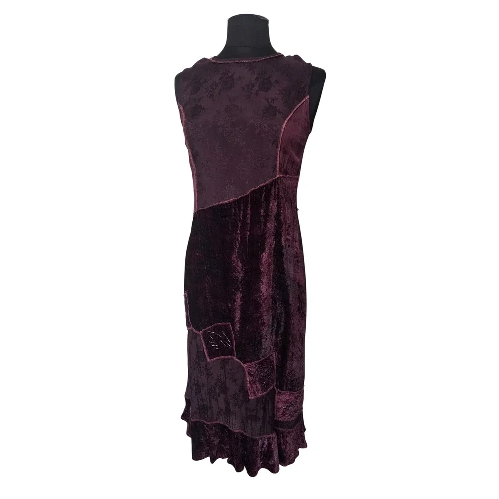 Vintage Whimsigoth Patchwork Velvet Beaded Dress Blazer Set Burgundy Size S P